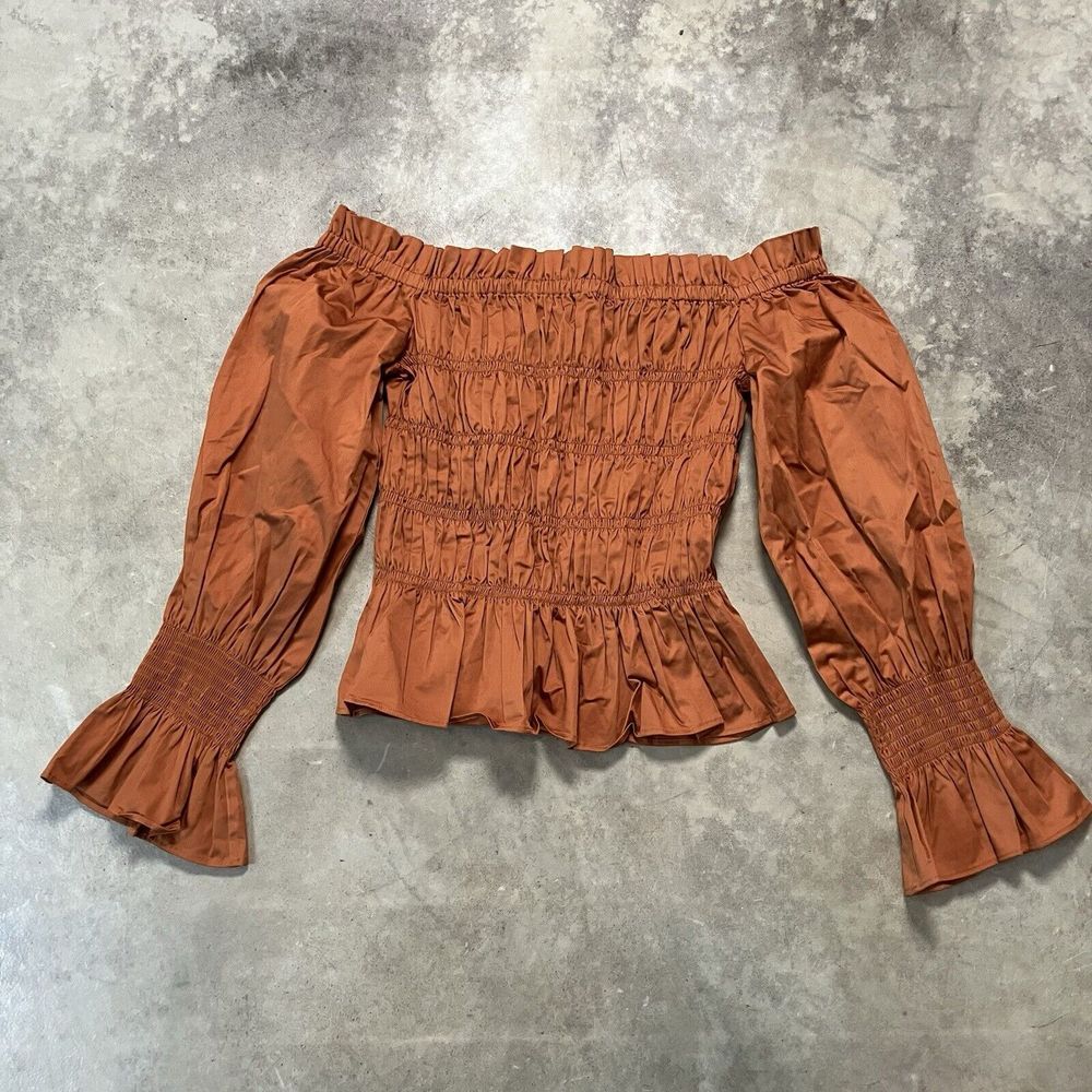 House of Harlow Blouse Womens M Orange Puff Sleeves Stretch Off Shoulder Smocked